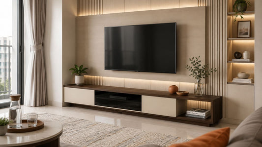 Custom TV console and feature wall in a modern Singapore living room with warm wood tones, hidden storage, and soft neutral styling.