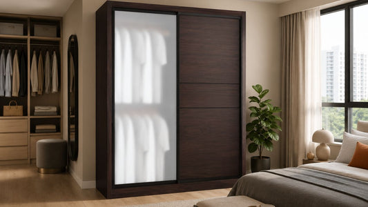 Custom walk-in wardrobe with dark wood sliding doors in a modern Singapore bedroom with warm natural light and practical storage layout
