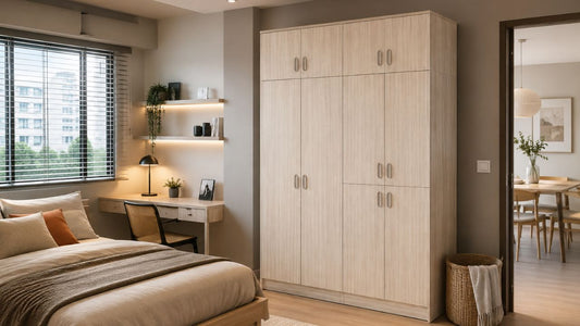 Light wood custom wardrobe in a modern Singapore bedroom with homeowner reviewing finish samples for laminate, veneer, lacquer, and glass options