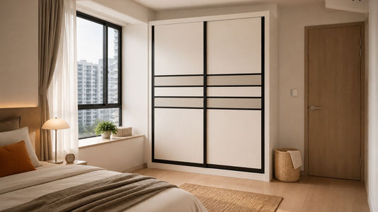 Custom wardrobe with cream panels and black sliding doors in a bright Singapore bedroom, showing a practical built-in storage solution for modern HDB and condo homes.