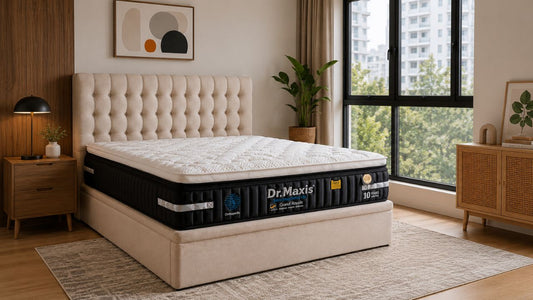 Dr Maxis Grand Royale damask cover mattress in a bright modern Singapore bedroom with beige tufted bed frame and warm wood accents
