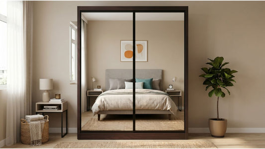 Dark wood mirror-door wardrobe in a modern Singapore bedroom with neutral decor and indoor plant dark-wood-mirror-door-wardrobe-