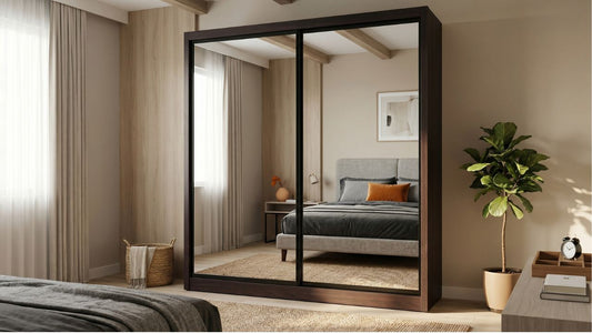 Dark wood mirrored wardrobe in a modern Singapore bedroom showing mirror panels and warm natural finishes