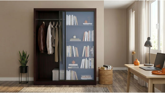 Dark wood modular bookshelf with sliding glass doors and wardrobe storage in a modern Singapore home office