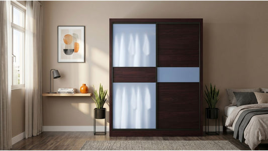 Dark wood modular sliding wardrobe in a spacious modern Singapore bedroom with soft daylight and neutral decor