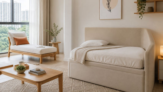 Daybed and chaise sofa collection in a modern Singapore condo living room with neutral upholstery, wood accents, and practical lounging layout