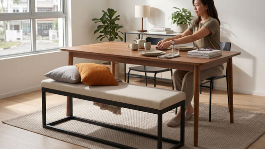 Modern Singapore HDB dining room with a wooden dining table, upholstered dining bench, and compact seating arrangement for everyday meals.