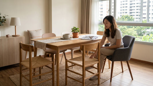 Woman comparing dining chair materials and comfort in a warm Singapore HDB dining room with wood, woven, and upholstered chairs around a wooden table.