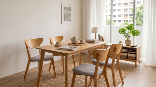Light wood dining table set with upholstered chairs in a warm neutral Singapore dining room