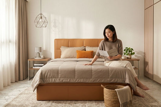 Direct-factory mattress compared with imported premium mattress brand in a modern Singapore bedroom showcasing material quality and comfort specifications