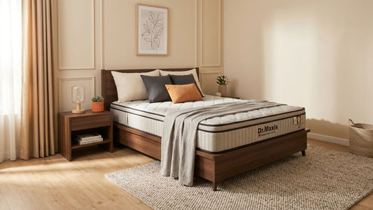 Dr. Maxis pocketed spring mattress on a walnut bed frame in a warm minimalist Singapore bedroom with bedside table, soft bedding, and natural daylight.