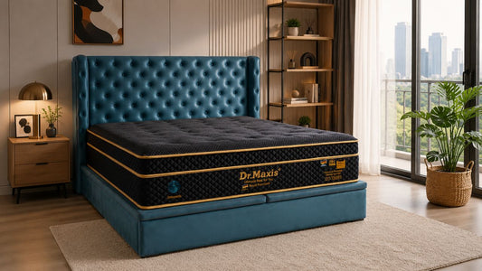 Dr Maxis Royal Premium cooling fabric mattress on a teal tufted bed frame in a modern Singapore condo bedroom with warm natural light