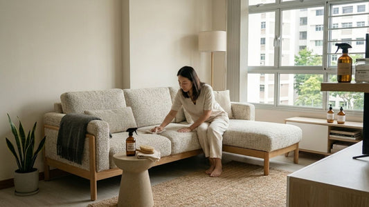 Woman relaxing on a beige eco-friendly fabric sofa in a minimalist living room with sustainable furniture care products