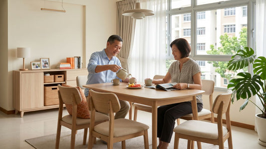 Empty-nester couple refreshing their Singapore HDB dining area with an extendable wooden dining table and grey chairs