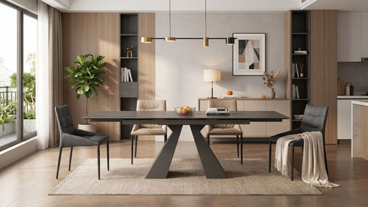 Extendable dining table with mixed upholstered chairs in a bright Singapore dining room, styled for everyday meals and festive hosting.