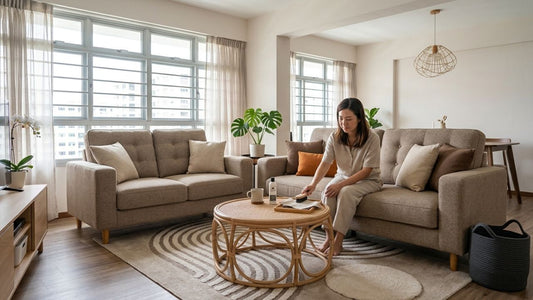 Modern neutral-toned fabric sofa collection in a cosy Singapore living room featuring beige upholstered sofas, soft natural lighting, and minimalist décor.