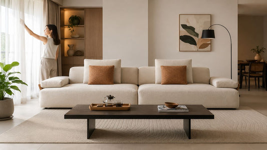 Woman adjusting sheer curtains beside a beige fabric sofa to reduce sun fading in a modern Singapore living room.