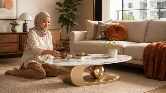 Female Malay Singaporean enjoying tea beside a marble and gold coffee table in a warm mid-century modern Singapore living room