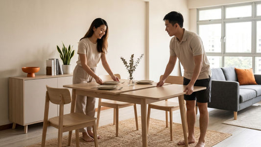 irst-time homeowners setting up an extendable dining table in a warm Singapore HDB living and dining area