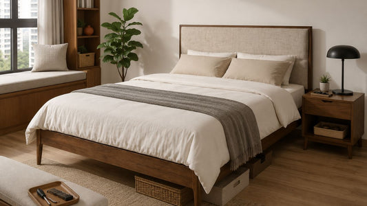 Modern wooden bed frame in a Singapore bedroom with tools ready for fixing squeaky joints
