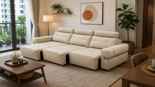 Foldable beige sofa bed in click-clack and pull-out configuration styled in a modern Singapore HDB living room with warm neutral décor and space-saving layout.