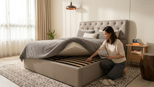 Modern bedroom featuring a padded bed frame with mattress support setup, illustrating foundation, box spring, and slatted base options for different mattress types.