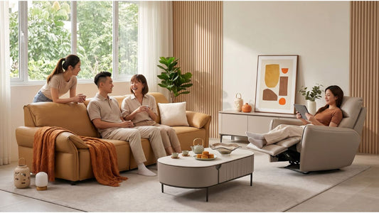 Friends gathering around a tan leather sofa and cream recliner in a Singapore living room