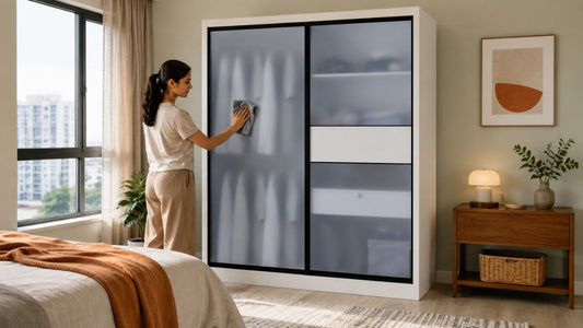 Woman wiping a frosted glass sliding wardrobe in a bright Singapore HDB bedroom with warm neutral decor
