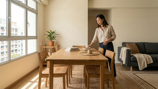 FSC-certified solid wood dining table and chairs in a minimalist Singapore apartment with natural lighting and sustainable furniture styling