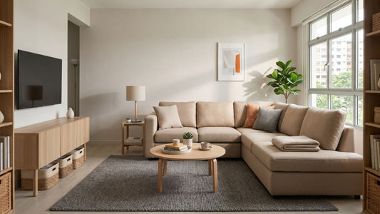 Modern 5-room HDB flat living room in Singapore with beige sectional sofa, wood TV console, round coffee table, and space-saving built-in shelving.