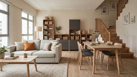 Spacious executive maisonette in Singapore with open living and dining areas, wood staircase, modular storage, and family-friendly furniture layout.