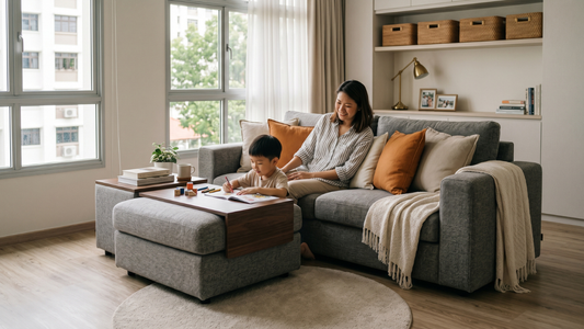 Growing Singapore family relaxing on a grey sectional sofa in a bright HDB living room with practical storage and child-friendly furnishing.