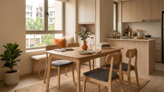 Open-plan Singapore condo dining area with light wood table, compact kitchen, built-in storage, and warm natural daylight for practical condo furnishing inspiration.
