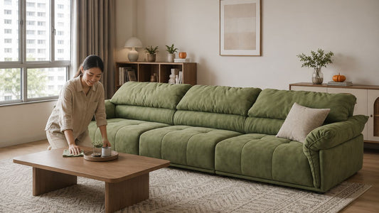 Woman cleaning a green fabric sofa in a modern Singapore HDB living room for a practical furniture cleaning schedule.