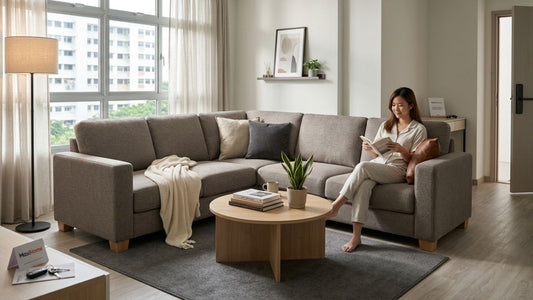 Large L-shaped sofa delivered and styled in a cosy minimalist living room with neutral furniture decor