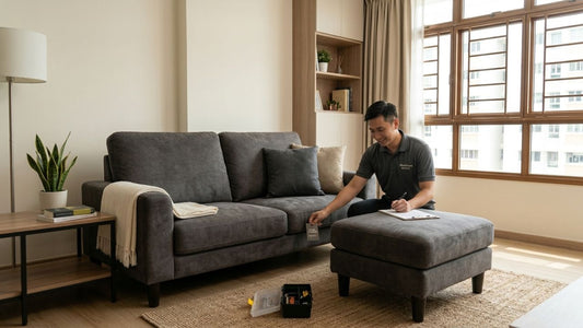Professional furniture installation service technician assembling and inspecting a modern grey sofa and ottoman in a contemporary apartment living room