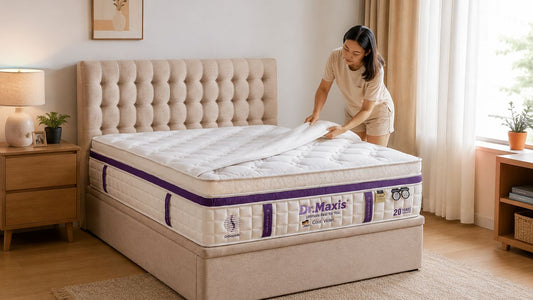 Singapore woman lifting a protector on a Dr Maxis Cool Violet mattress in a warm modern HDB bedroom, showing furniture pest prevention and mattress care.
