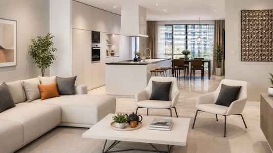 Modern BTO flat living room with sofa, coffee table, dining area, and kitchen for smart furniture planning