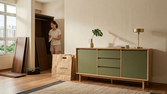 Woman preparing furniture for removal and disposal service in a modern Singapore HDB flat with wooden storage cabinet and moving boxes