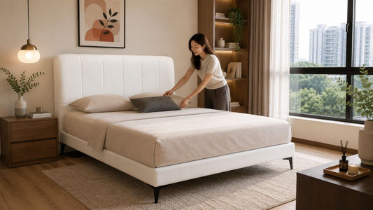 Female Chinese Singaporean arranging pillows on a white upholstered bed frame in a modern condo bedroom, showing furniture repair vs replacement planning