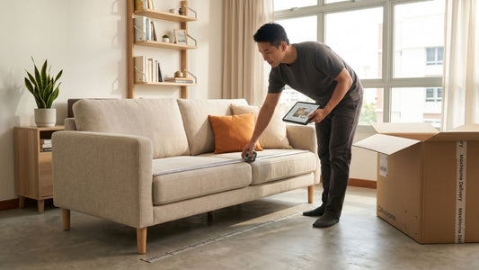 Man checking sofa dimensions during furniture delivery in a Singapore HDB living room for returns and refunds guidance