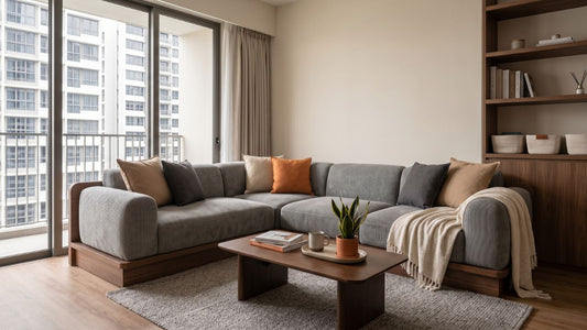 Modern Singapore condo living room with an L-shaped sectional sofa, compact coffee table, and built-in shelving, showing furniture layout ideas for awkward condo spaces.