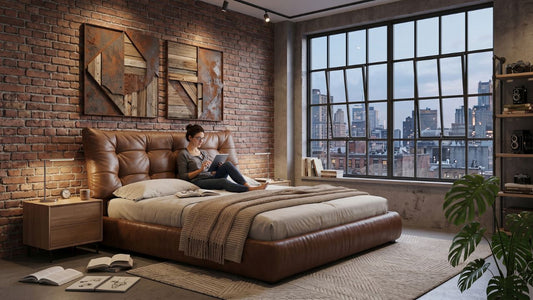 Genuine leather bed frame with tufted cognac headboard in a bright modern Singapore condo bedroom with bedside tables and natural daylight.