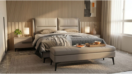 Beige upholstered bedroom bench with throw blanket in a calm Singapore bedroom, styled for foot-of-bed seating and storage support