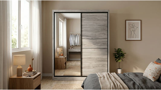 Grey sliding wardrobe with mirrored panel in a modern Singapore bedroom with warm lighting and neutral decor