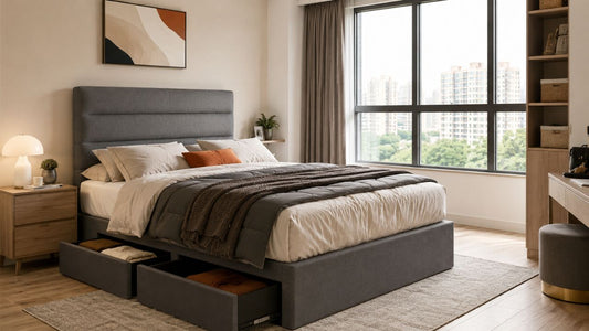 Grey upholstered storage bed frame in a modern Singapore bedroom with open drawers, city view, warm wood storage, and soft neutral styling.