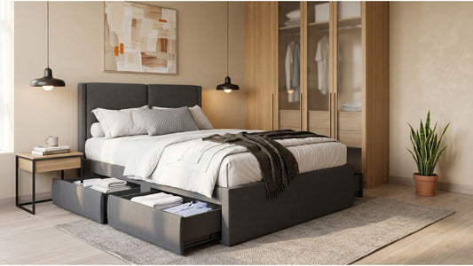 Grey upholstered storage bed frame with pull-out drawers in a modern Singapore semi-detached home bedroom with built-in wardrobe