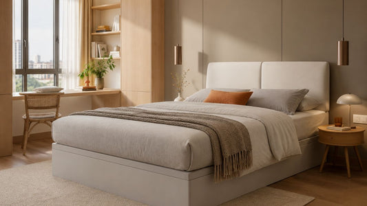 Hotel-quality mattress in a warm modern Singapore bedroom with neutral bedding and smart storage