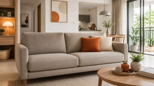 Cream sofa in a modern Singapore living room showing how to choose the right sofa colour for your living room with warm neutral tones, wood accents, and natural daylight.