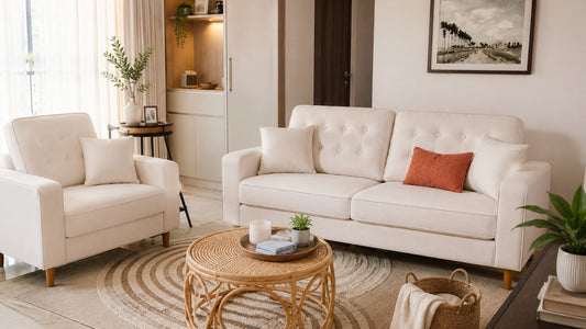Cream fabric sofa and armchair in a bright Singapore living room with a rattan coffee table, cleaning cloth, plants, and neutral home styling.
